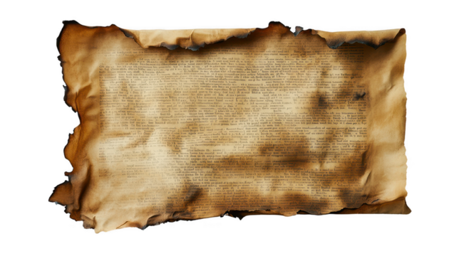 partially burnt piece of paper reveals hidden text, showcasing vintage look. edges are charred, adding dramatic effect to historical document