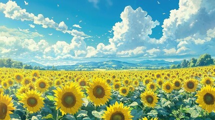 Obraz premium A vibrant field of sunflowers under a bright blue sky with puffy white clouds.