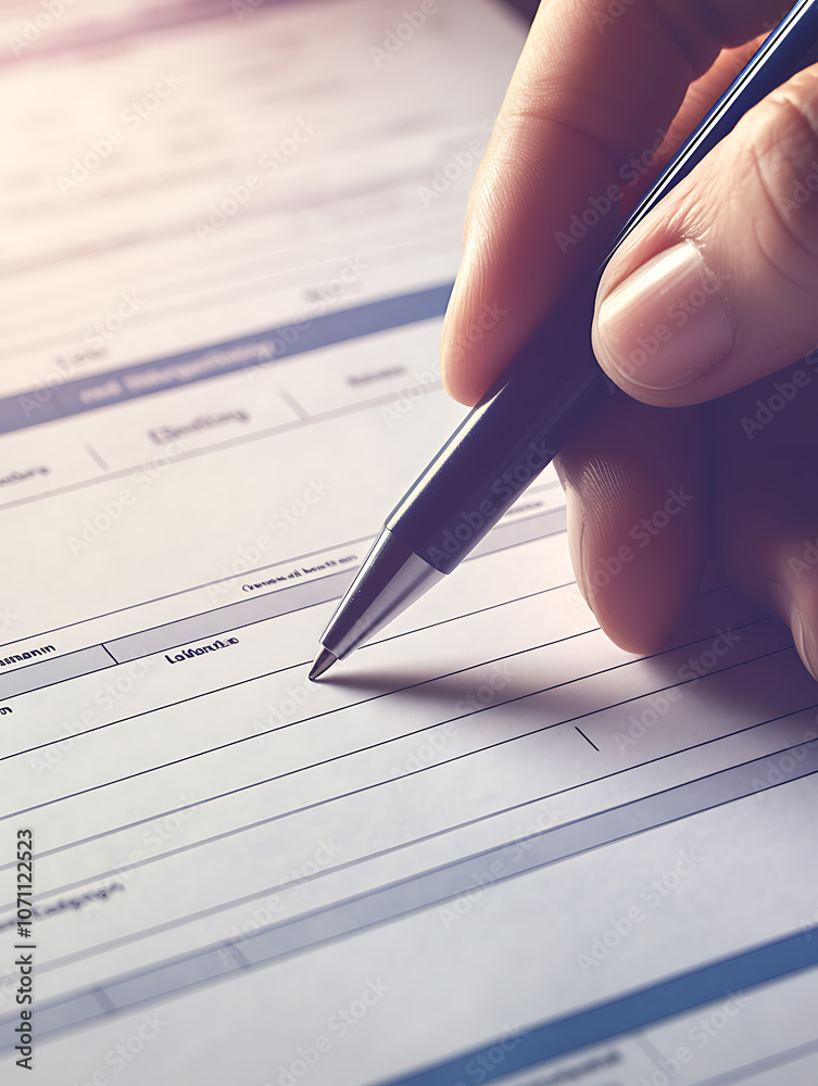 Poster Close-up of accident report form with pen and hand ready to write