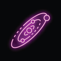 Bright purple neon solar system icon with planets orbiting a sun against a black background
