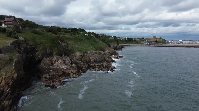 Coastal drone video of a part of Howth Head, a peninsula located northeast of the city of Dublin, Ireland.