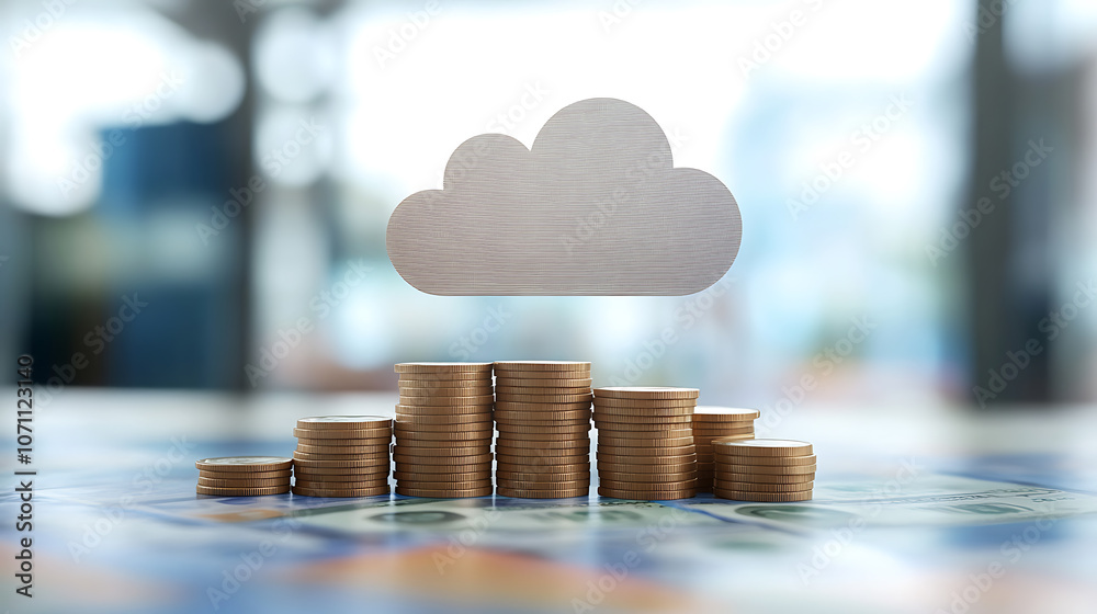 Poster cloud computing concept with a focus on growing money piles in the background, symbolizing financial
