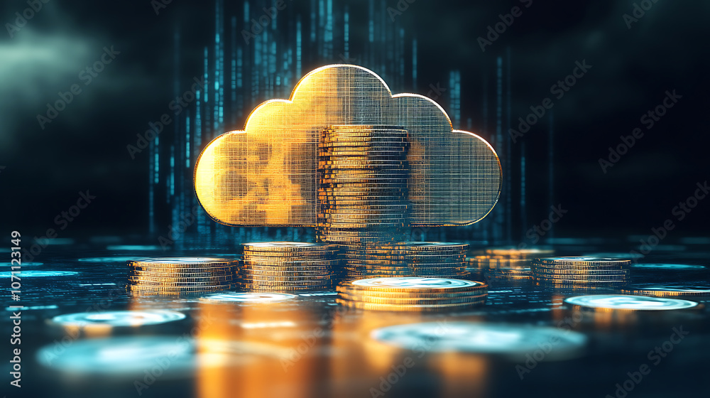 Poster cloud computing concept with a focus on growing money piles in the background, symbolizing financial