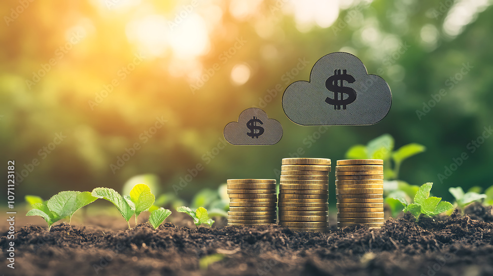 Poster cloud computing concept with a focus on growing money piles in the background, symbolizing financial