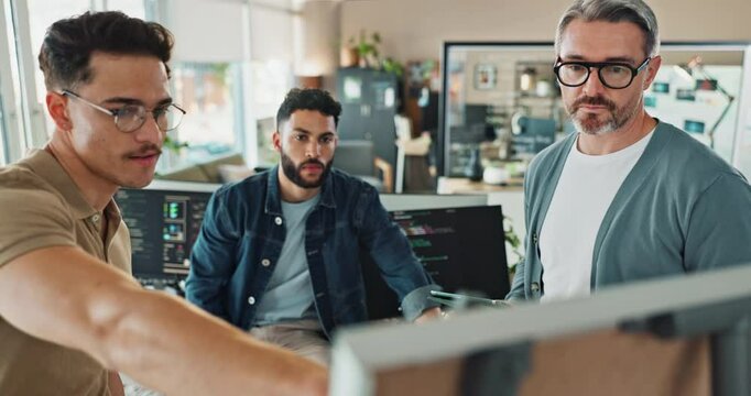 Collaboration, planning and programming people in office together for problem solving or web development. Business, meeting and whiteboard with coding team in creative workplace for presentation