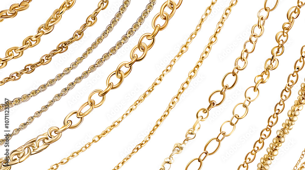 Poster collection of realistic vector illustrations of golden chains, with gold links displayed against a w