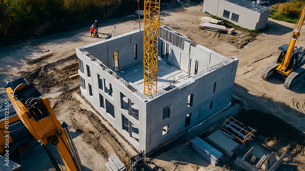 Poster construction site of a modern 3d printed house being built using innovative technologies