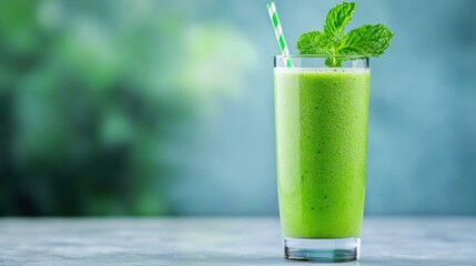 A tall glass filled with a vibrant green smoothie, made with spinach, mango, and pineapple, garnished with a sprig of mint and a reusable straw, promoting healthy and refreshing drinks.