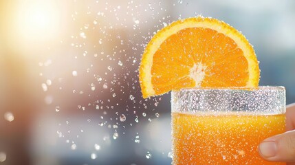 A close up shot of a glass of freshly squeezed orange juice, with condensation forming on the glass and a slice of orange on the rim, emphasizing the juice natural sweetness and vitamin C content.