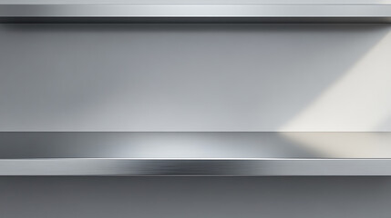 Silver steel countertop, empty shelf, realistic mockup of table top, kitchen counter on gray background with spot light, Bar desk surface in foreground