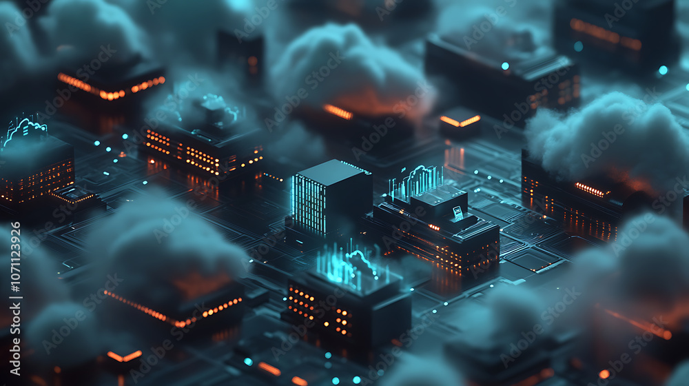 Poster Data center with digital cloud icons representing cloud budgeting and monitoring