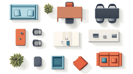 Office Furniture Top View Vector Elements Set, Kit for a workspace, apartment, house, or office plan, Interior icon collection, Plant, table, chair, and sofa, Symbol for the project or interior design