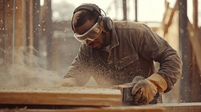 A skilled carpenter cutting wood on a construction site, using a circular saw, safety goggles and earmuffs, sawdust in the air
