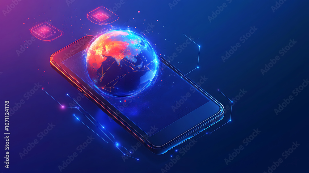 Aufkleber digital technology concept, earth hologram with global network and connectivity icons floating above