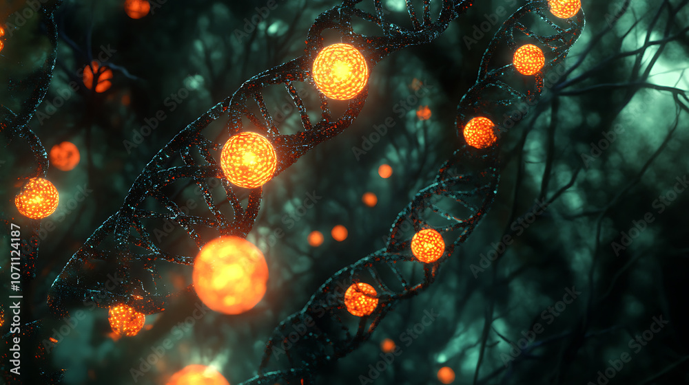 Poster digital representation of dna strands with glowing nodes, symbolizing genetic biomarkers and molecul
