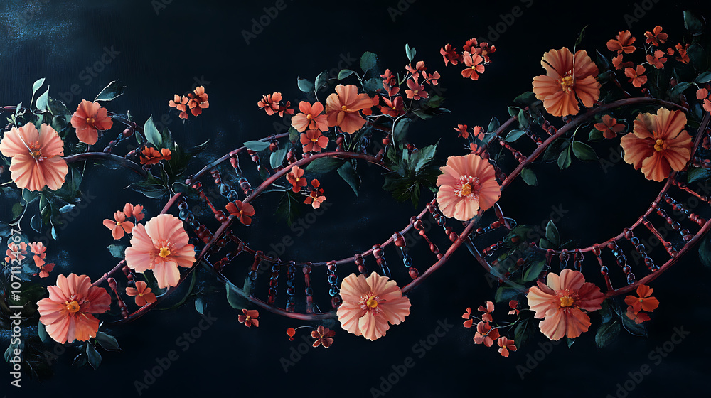 Poster Dna strands with floral elements representing genetic engineering and bioengineering concepts