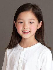 young girl with long hair, wearing white shirt, smiling brightly against neutral background. Her cheerful expression conveys joy and innocence