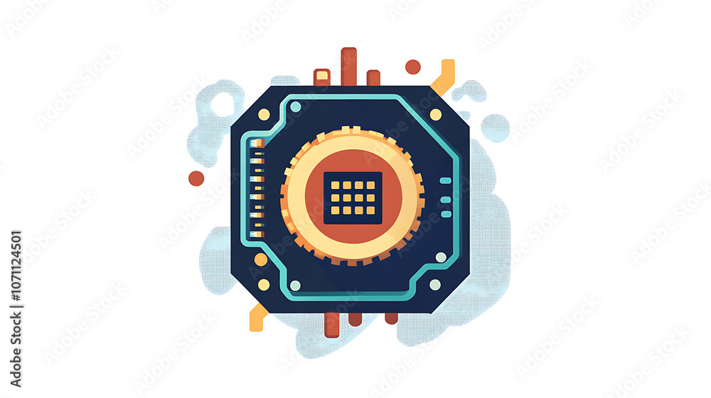 Poster Flat style icon of a CPU for computer and smartphone, depicting a processor chipset in vector illustration on an isolated background, signifying a business concept