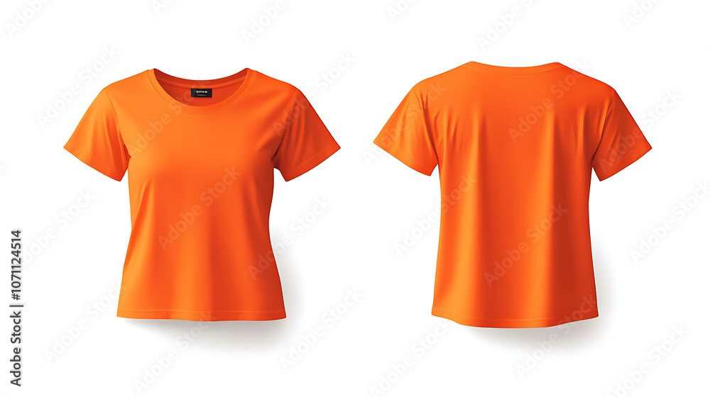 Poster blank orange tshirt mockup template with front and back views isolated on white