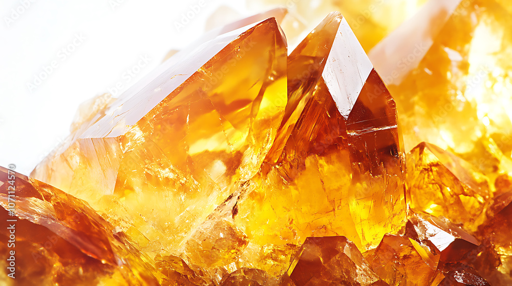 Poster extremely sharp and detailed close-up macro of an orange citrine quartz crystal mineral stone cluste