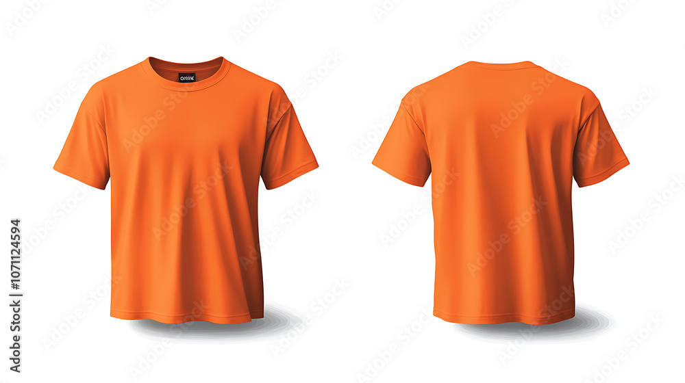 Poster blank orange tshirt mockup template with front and back views isolated on white