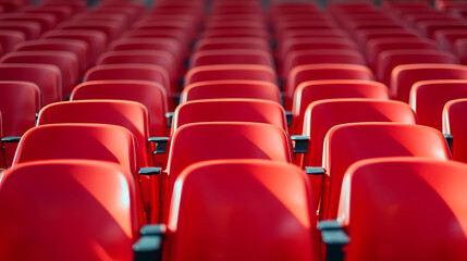 Fototapeta premium Several rows of red plastic grandstand seats in a daylight, open-air stadium