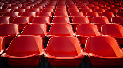 Fototapeta premium Several rows of red plastic grandstand seats in a daylight, open-air stadium