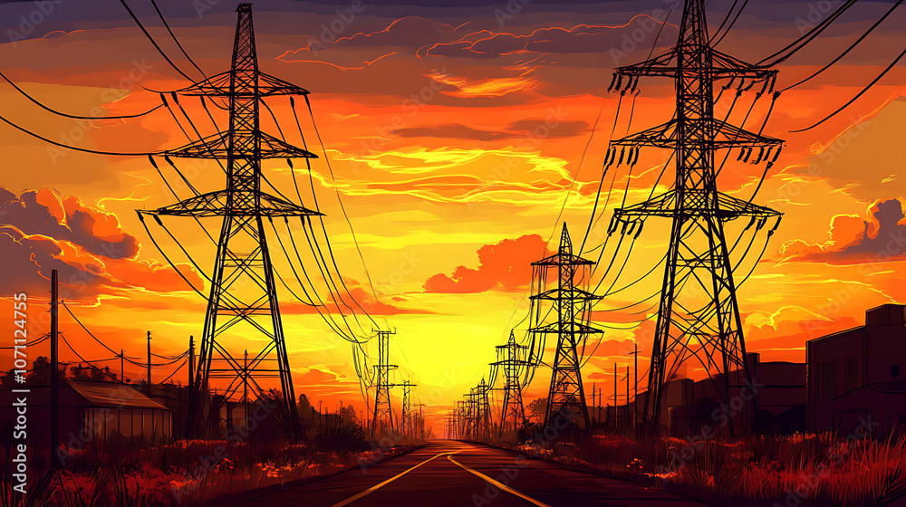 Poster electricity grid infrastructure at dusk, highlighting the critical importance of protecting power tr
