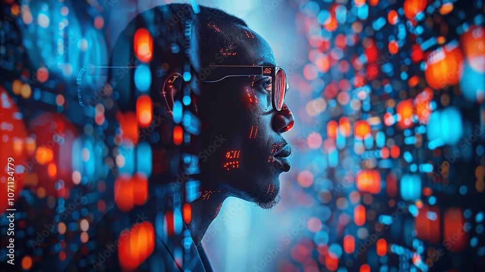 Poster african american man in glasses analyzing data on digital screens with neon light effects high-tech 