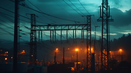 Electricity grid infrastructure at dusk, highlighting the critical importance of protecting power transmission and distribution systems