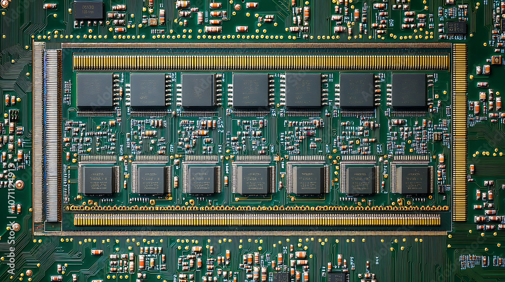Aufkleber circuit board with computer chips memory modules and processors macro photography
