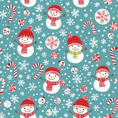 Elegant and Playful Seamless Pattern Featuring Cute Snowmen for Holiday and Winter-Themed Designs, Perfect for Fabric, Wrapping Paper, and Seasonal Decorations