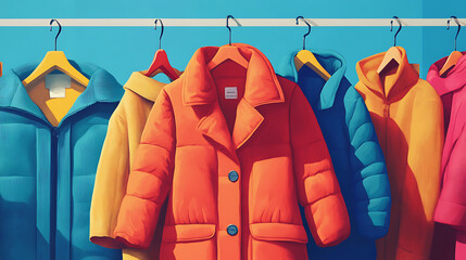coat drive donation campaign with colorful coats hanging on coat hangers charity and giving concept digital illustration