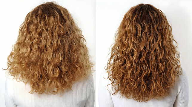 Curly Hair Comparison: a side-by-side image of curly hair, showing the effects of typical styling products versus honey, highlighting frizzy versus soft, defined curls.Generated with AI 
