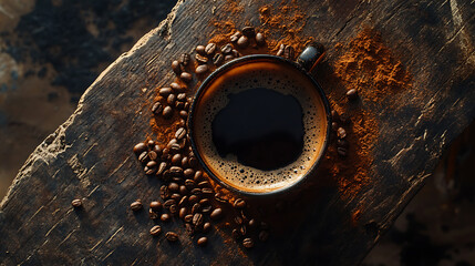 Top view of a cup of coffee with coffee beans on a wooden table