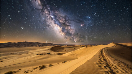 Endless sand dunes under a star-filled sky with the Milky Way visible