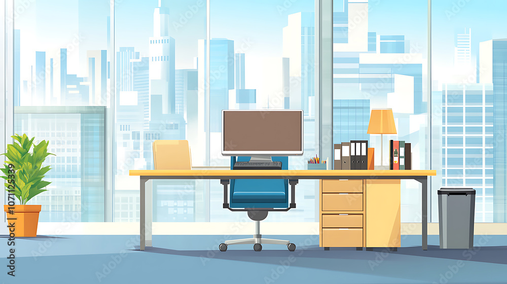 Poster vector illustration of a front view of a modern, empty office, isolated on a cityscape are a table, 