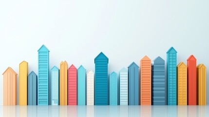A row of house icons in different sizes and colors arranged on a city map, symbolizing a diverse housing market or real estate listings.
