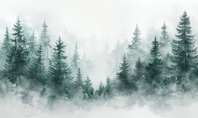 Fototapeta premium Watercolor Green Pine Forest with Foggy Background and White Backdrop