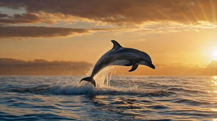 Fototapeta premium Graceful dolphin leaping out of the ocean, splashing water droplets, golden sunset in the background