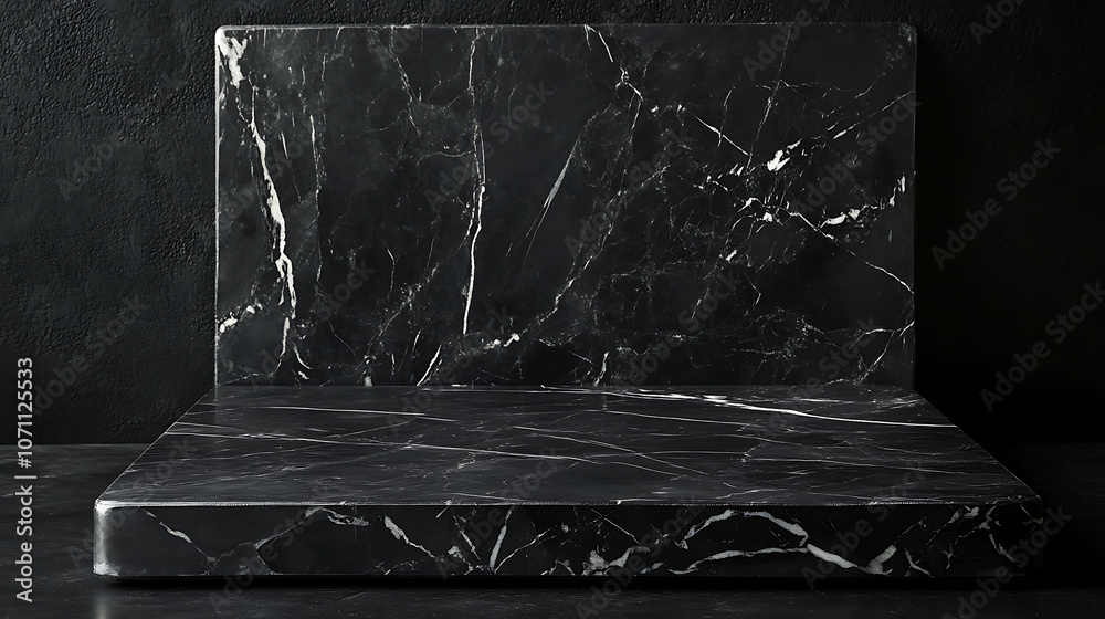 Poster empty grey marble tabletop with dark black cement stone background for product displayed in rustic mood and tone, luxury background for product stand with empty copy space for party, promotion