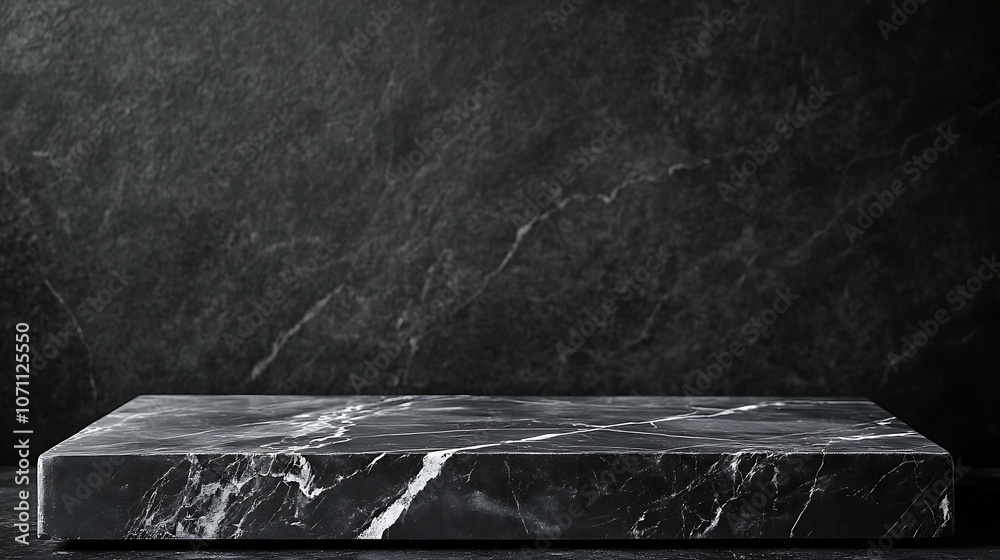 Aufkleber empty grey marble tabletop with dark black cement stone background for product displayed in rustic mood and tone, luxury background for product stand with empty copy space for party, promotion