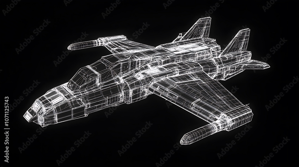 Poster Wireframe view of a tank isolated on a black backgroundWireframe view of an air force fighter isolated on a black background