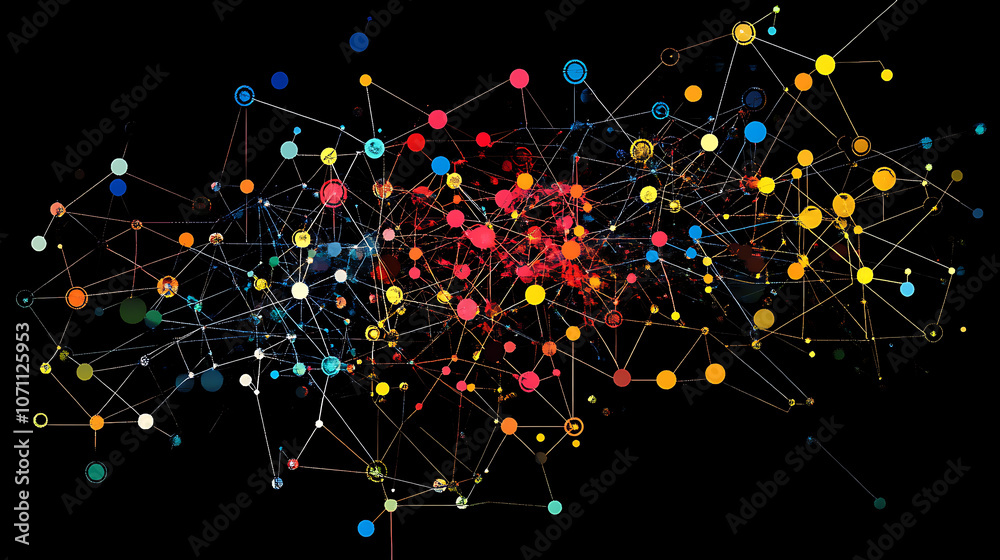 Poster Interconnected nodes with colored points representing network management and connectivity