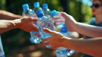 A group of volunteers handing out free water bottles and promoting the use of reusable water bottles to promote sustainability and health.
