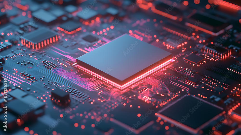 Aufkleber monochrome electronic cpu digital chip, processor and electronic components on a motherboard or circ