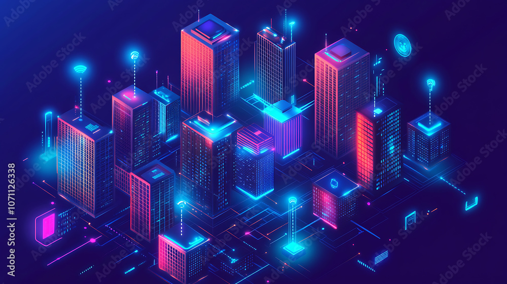 Poster intelligent building or smart city isometric vector concept, Automation of buildings using an example of computer networking, Technology of the future: IoT platforms
