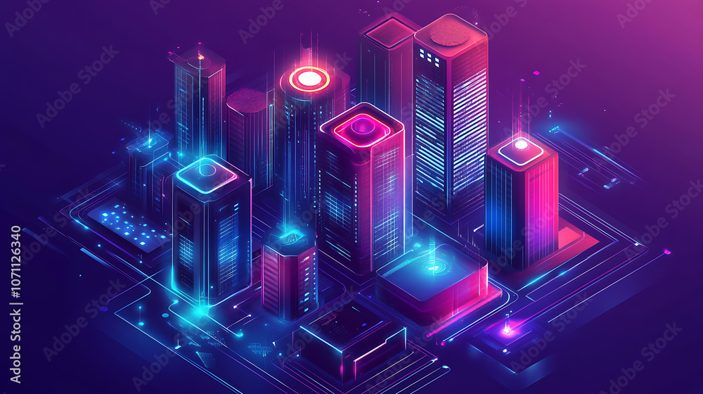 Poster intelligent building or smart city isometric vector concept, Automation of buildings using an example of computer networking, Technology of the future: IoT platforms