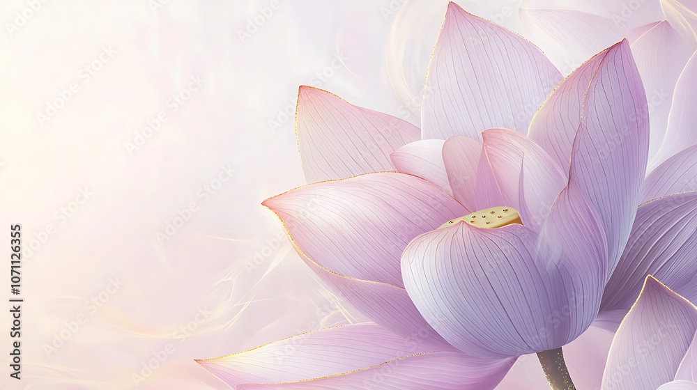 Poster Light pink and gold lotus background linear pattern with delicate lines light purple color scheme, white space on the left side of the wallpaper