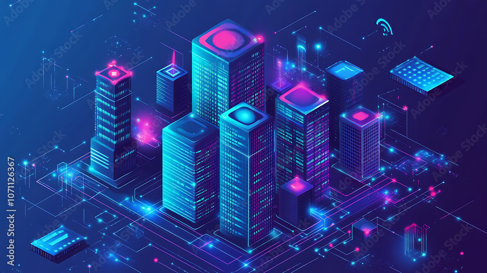 Leinwandbilder intelligent building or smart city isometric vector concept, Automation of buildings using an example of computer networking, Technology of the future: IoT platforms